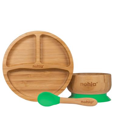 nohla - Bamboo Baby & Toddler Suction Plate Bowl & Silicone Spoon Weaning Set - Suction Ring for Secure Grip on Smooth Surfaces - Eco-Friendly BPA-Free - Green Green Set