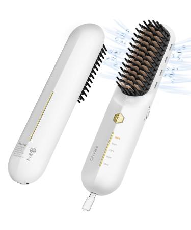 FRANO Cordless Hair Straightener Brush - Portable Straightening Brush for Travel Negative Ions Fast Heating Straightener for Women Lightweight Mini Hot Comb with Fast Charge USB+Type-C (White )