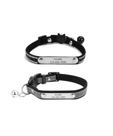 Mogokoyo 2 -packing bells Cat neck band with name and telephone number personalized reflective cat neck band with safety lock adjustable collar for cat kitten (black)