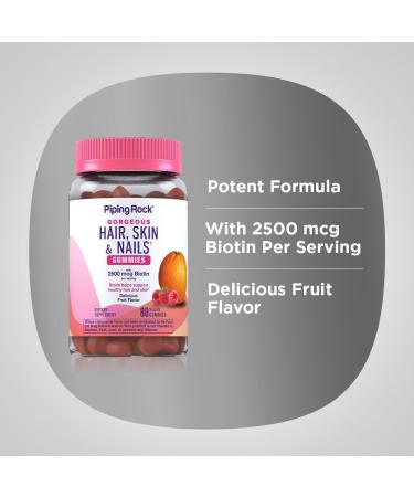 Piping Rock Hair Skin and Nails Vitamins | 80 Gummies | 2500 mcg of Biotin | Womens Multivitamin | with Vitamin C and E | Fruit Flavor | Non-GMO Gluten Free Supplement - Buy Online on GoSupps.com