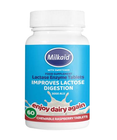Milkaid Lactase Enzyme Chewable Tablets for Lactose Intolerance Relief | Prevents Gas Bloating & Diarrhoea | Fast Acting Dairy Digestive Supplement | Gluten Free & Vegan | 60 tablets