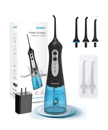 Cordless Water Flosser Teeth Cleaner, Nicefeel 300ML Portable and Rechargeable Oral Irrigator for Travel, IPX7 Waterproof, 3-Mode Water Flossing with 4 Jet Tips for Family Black