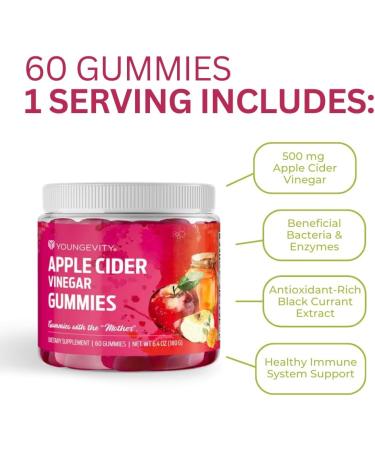 Youngevity Apple Cider Vinegar Gummies 500mg - Detox & Immunity Support | 60 Gummy Vitamins - Raw ACV from The Mother - Buy Online on GoSupps.com