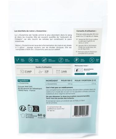 L-Glutamine Cuure Amino Acid Powder 60 g 100% Pure Sports Recovery Highly Bioavailable 30 Days Neutral Flavor Made in France - Buy Online on GoSupps.com