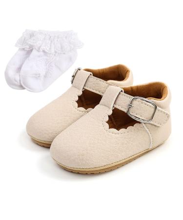 Baby Anti-Slip First Walking Shoes Baby Boys Girls Princess Soft Sole Toddler Shoes Sneakers Infant PU Leather Prewalkers for 0-18 Months with Sock 0-6 Months Narrow Beige