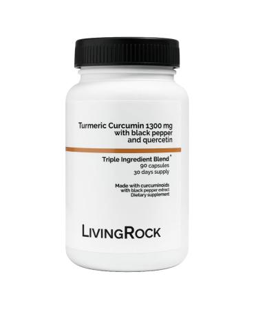 LivingRock Turmeric Curcumin 1300mg Triple Blend Formula with Ginger Black Pepper Quercetin Vitamin E & D3 Plant-Sourced Multi-Ingredient Complex 90 Vegan Capsules 30-Day Supply