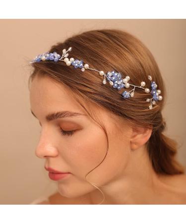 Jumwrit Wedding Rhinestone Headband Blue Flower Headband Handmade Pearl Bridal Headpiece Bride Bridesmaid Hair Accessories
