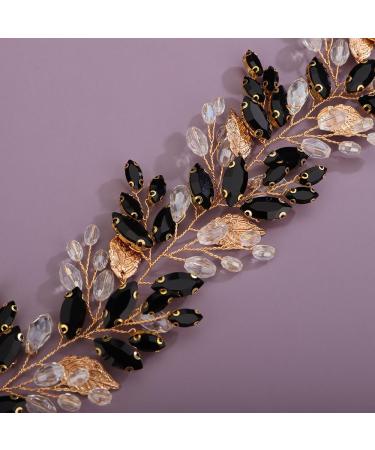 Deniferymakeup Rhinestone Bridal Hair Vine Crystal Wedding Headband Rhinestone Bride Headpiece Leaf Hair Accessories for Women and Girls (Gold Black) - Buy Online on GoSupps.com