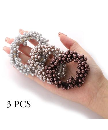 Brinie Gray Pearl Hair Ties - Pack of 3 Elastic Scrunchies for Women & Girls | Bead Hair Ropes Accessories - Buy Online on GoSupps.com