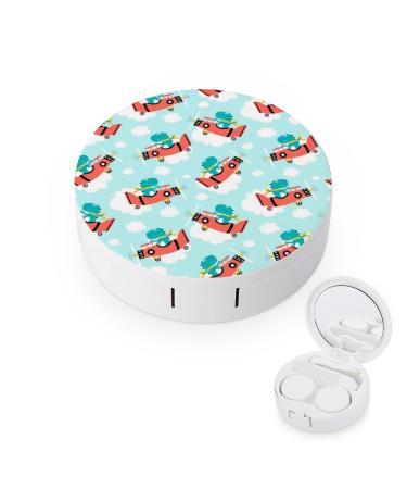 Plane And Cute Dinosaur Round Case For Contact Lens Kit Storage Box with Mirror Printed