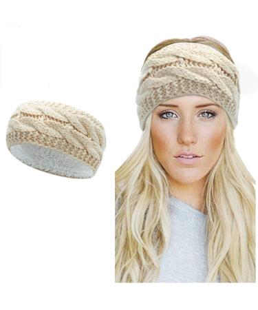 Winter Knitted Headband - Women Ear Warmer Chunky Crochet Braided Hair Band Wraps Turban Sports Yoga Hairband Fleece Lined Elastic Wide Headbands for Women UK (beige-B)