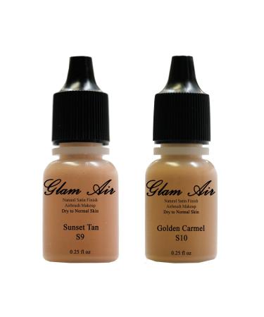 Two(2) Glam Air Airbrush Foundation Makeup S9 Sunset Tan & S10 Golden Carmel in Satin Finish 0.25oz Bottles(normal to Dry Skin)