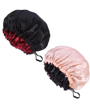 Cerolopy 2 Pcs Satin Sleep Cap Silk Bonnet Sleep Cap Waterproof Satin Hair Cap Double Layer Satin Bonnet for Women Girls Pink+black