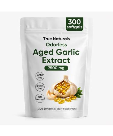 TRUE NATURALS Aged Garlic Extract - 300 Softgels 7500mg Odorless Organic Garlic Supplement 2-Year Matured for Heart Immune & Antioxidant Support Non-GMO Gluten Free Vegetarian (1)