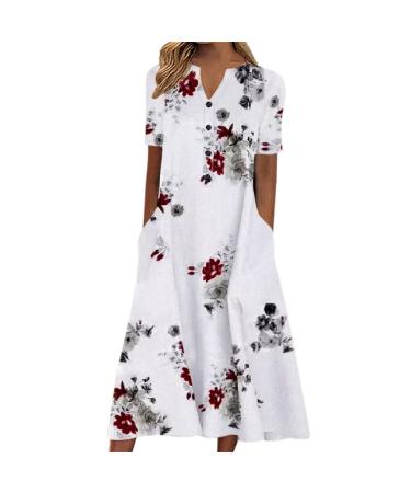 Foldap Summer Dresses for Women 2023 Women's Boho Floral Dress O-Neck Short Sleeve Pocket Dress Casual Print Long Dresses XX-Large A1-red