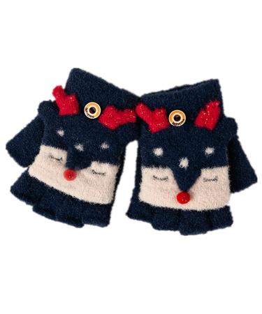 Unisex Kids Winter Warm Soft Gloves Thermal Flip Top Gloves Cute Cartoon Animal Fox Half Finger Gloves Convertible Fingerless Mittens Biking Cycling Gloves for 2-8Y Baby Girls Boys Toddler Navy