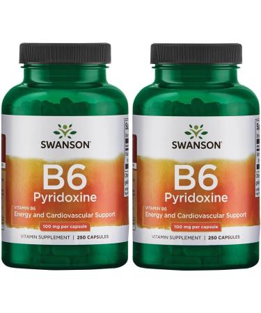Swanson B6 Pyridoxine - Vitamin Supplement Promoting Cardiovascular Health & Energy Metabolism - Natural Formula Promoting Overall Wellness - (250 Capsules, 100mg Each) (2 Pack)