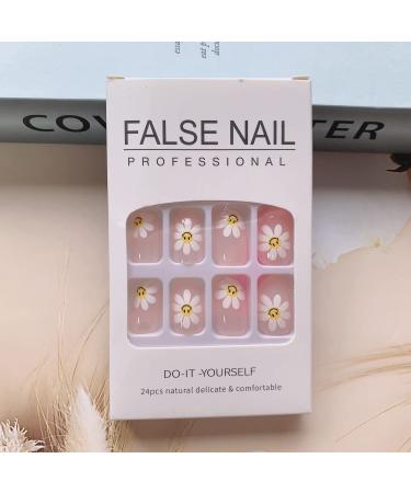 Flower Almond Short Press On Nails - 24PCS Nude Pink Full Cover False Nails with Glue - Summer Cute Designs for Women & Girls - Buy Online on GoSupps.com