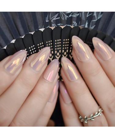 Medium Shiny Misty Rose Full Cover Almond Fake Nails - Elegant Duo Chrome Design for Sexy and Simple Nail Art - Buy Online on GoSupps.com