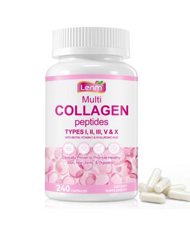 Maaoun Multi Collagen Peptides for Women & Men Hydrolyzed Types I II III V X with Biotin & Hyaluronic Acid Vitamin C Beauty Formula Hair Skin Nails Support Non-GMO 240 Capsules