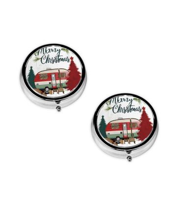 Farmhouse Christmas Printed Mini Round Pill Box Pill Box 3 Compartment Medicine Pill Case Pill Organizer Travel Pillbox Portable Pill Box for Pocket Home Office Use