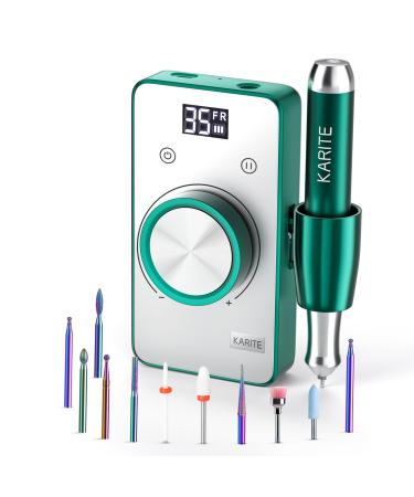 KARITE Rechargeable Nail Drill with 30H Working Time and 35000RMP Professional Acrylic Nail Drill Machine, Portable Electric Nail File with 13 Bits Coreless Motor for Nail Art Manicure Pedicure Dark Green