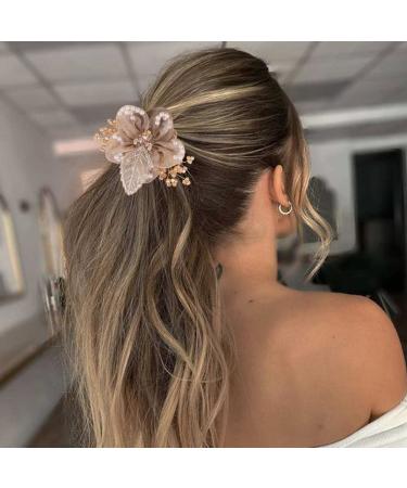 Brinie Flower Hair Scrunchies Pearl Champagne Hair Ties - Elastic Bands for Women and Girls - Buy Online on GoSupps.com
