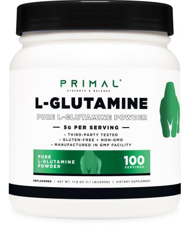 Primal L-Glutamine Powder (500 Grams 100 Servings) | Pure Unflavored Glutamine Amino Acid for Sport & Workout Support and Performance - Gluten Free Non-GMO Nutritional Supplement