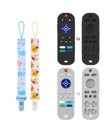 2pcs Silicone Baby Teething Toy Remote Control Shaped Baby Teether with 2pcs Cute Pacifier Clip Chain Soft Baby Chew Toys Early Sensory Education Molar Toy for Babies 3-18 Months (Beige+Black)