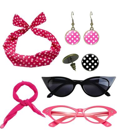 Polka Dot Headbands for Women Drop Earrings Headbands 1950s Outfi Set | Print Dangle Earrings with Vintage Hair Bands Chiffon Scarf Cat Eye Glasses Hot Pink One Size - Buy Online on GoSupps.com
