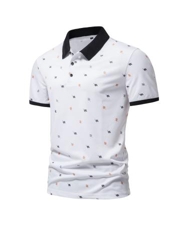 Men Fashion Spring Summer Casual Short Sleeve Turndown Neck Printed T Shirts Top Blouse With Zipper White-b S