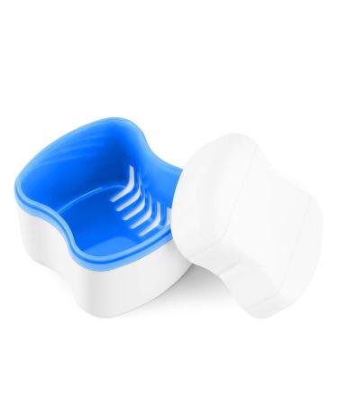 Denture Case Orthodontic Retainer Holder Mouth Guard Night Case Denture Bath Cleaning Soaking Cup with Strainer and Lid (Blue)
