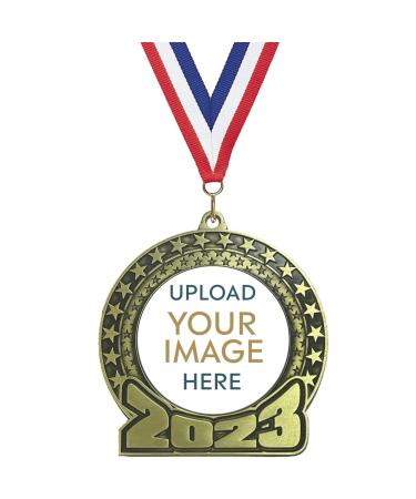 K2AWARDS 2023 Custom Medal - Custom Engraved Medal with Photograph or Logo Sticker with Red White and Blue Ribbon Attached