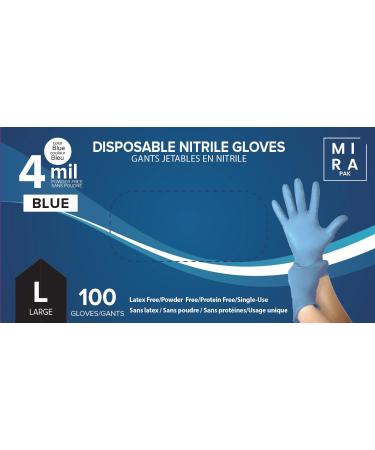 Mira Pak Blue Nitrile Disposable Gloves 4 Mil Food-Safe Latex & Powder Free Textured Fingertips Gloves Large (Pack of 100)