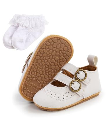 Baby Anti-Slip First Walking Shoes Baby Boys Girls Princess Soft Sole Toddler Shoes Sneakers Infant PU Leather Prewalkers for 0-18 Months with Sock 6-12 Months White 19