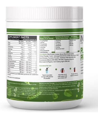 INLIFE Plant Protein Powder - 25g Protein from Pea Quinoa & Brown Rice - Chocolate Flavor with Ashwagandha Green Tea & Grape Seed Extract - 500g International Shipping - Buy Online on GoSupps.com