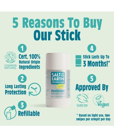 Salt Of the Earth Natural Unscented Deodorant Stick - Aluminium Free Vegan Long Lasting Protection Refillable Leaping Bunny Approved - Made in the UK - 84g - Buy Online on GoSupps.com
