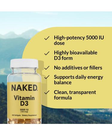 Naked Vitamin D3 5000 IU High Potency Vitamin D Supplement for Immune Support Bone Strength Muscle Function 200 Vitamin D Softgels - Buy Online on GoSupps.com