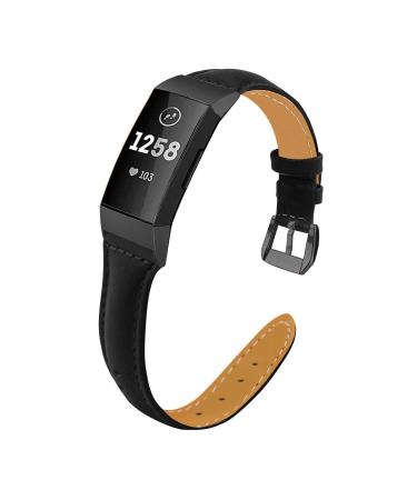 Mornex Leather Band Compatible with Fitbit Charge 4 and Charge 3 Smart Watch Wristband for Women and Men(Black and Black Connector) 01.Black & black connector