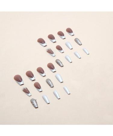 Justotry 24pc Glitter Coffin Nails - Milky French Press-On Nails with Rhinestones & Glue | Stylish Artificial Ballerina Nails for Women - Buy Online on GoSupps.com