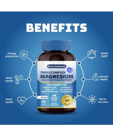 Triple Magnesium Complex Supplement 300mg | 3 in 1 Magnesium Glycinate Malate and Citrate | Vegan Non-GMO | High Absorption | 90 Capsules - Buy Online on GoSupps.com
