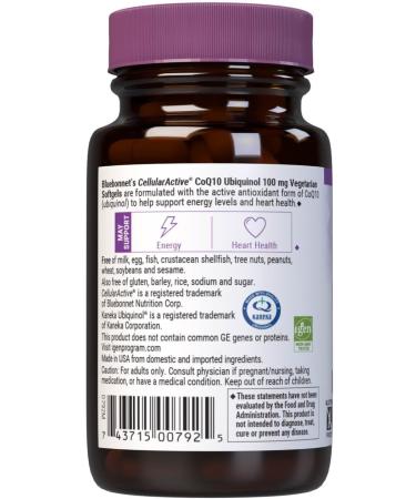 Buy Bluebonnet Nutrition Cellular Active CoQ10 Ubiquinol 100 mg - Energy & Heart Health - Non-GMO Gluten-Free Vegetarian - 30 Vegetable Softgels - International Shipping Available - Buy Online on GoSupps.com