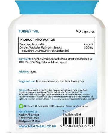 Health4All Turkey Mushroom Extract 500mg 90 Capsules - 30% PSK/PSP Beta Glucans - 100% Fruiting Bodies - Vegan - Buy Online on GoSupps.com