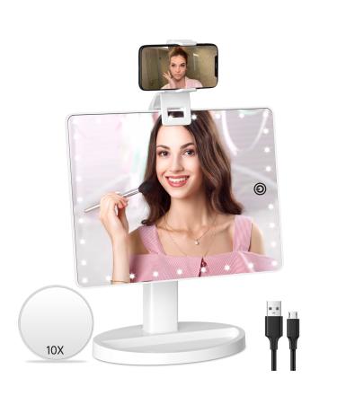 Lighted Makeup Vanity Mirror with Phone Holder,Makeup Mirror with Lights and Detachable 10X Magnification, Cosmetic Desk Makeup Mirror with Sensor Touch Light Dimmable, 360°Rotation, Dual Power Supply White With Phone Hold…