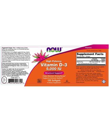 NOW Vitamin D-3 5000 IU 120 Softgels - Essential Immune Support - Buy Online on GoSupps.com