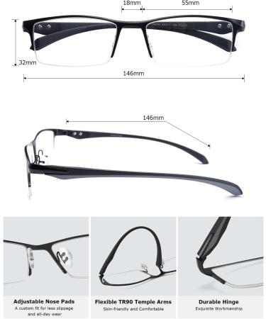 Blue Light Glasses for Men | Semi Rimless Rectangular Gaming Eyeglasses | UV400 Anti-Glare Protection | Comfortable Black Metal Style - Buy Online on GoSupps.com