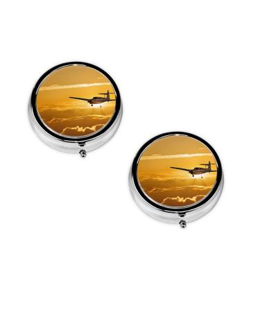 (Aircraft Plane At Sunset) Round Pill Box 3 Compartment Pill Box Mini Decorative Pocket Purse Portable Travel Medicine Tablet Vitamin Holder Organizer Pill Case