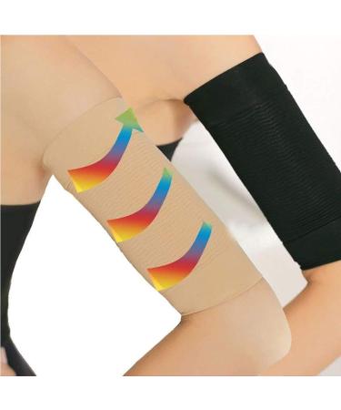 2 Pair Elastic Compression Arm Sleeves Women Weight Loss Calories Slimming Arm Shaper Massager Arm Belt Slimming Compression Arm Shaper Helps Shape Upper Arms Sleeve for Sport Fitness Black + Nude
