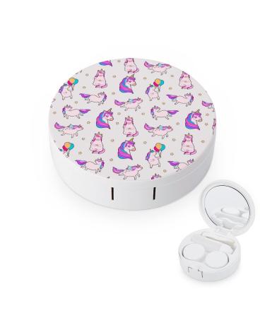 Cute Fat Unicorn Pattern Round Case For Contact Lens Kit Storage Box with Mirror Printed