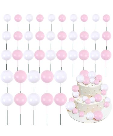 Keaziu 40 Pack Ball Cupcake Toppers Pearl Balls Cake Pick White Pink DIY Cake Insert Toppers Foam Ball Cupcake Picks Mini Balloon for Wedding Baby Shower Anniversary Birthday Party Supplies White+Pink